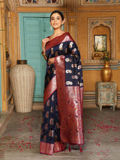 Anaita Navy Silk Woven Saree With Blouse