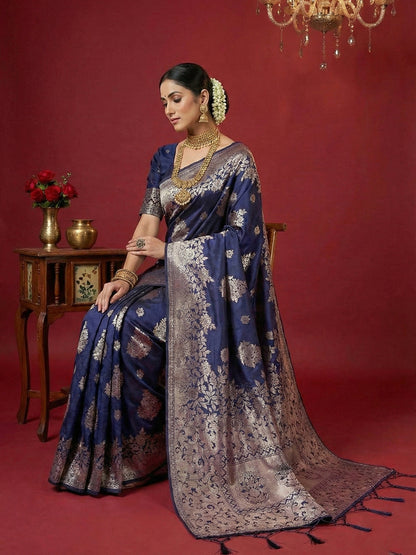 Anaita Navy Silk Blend Woven Saree With Blouse
