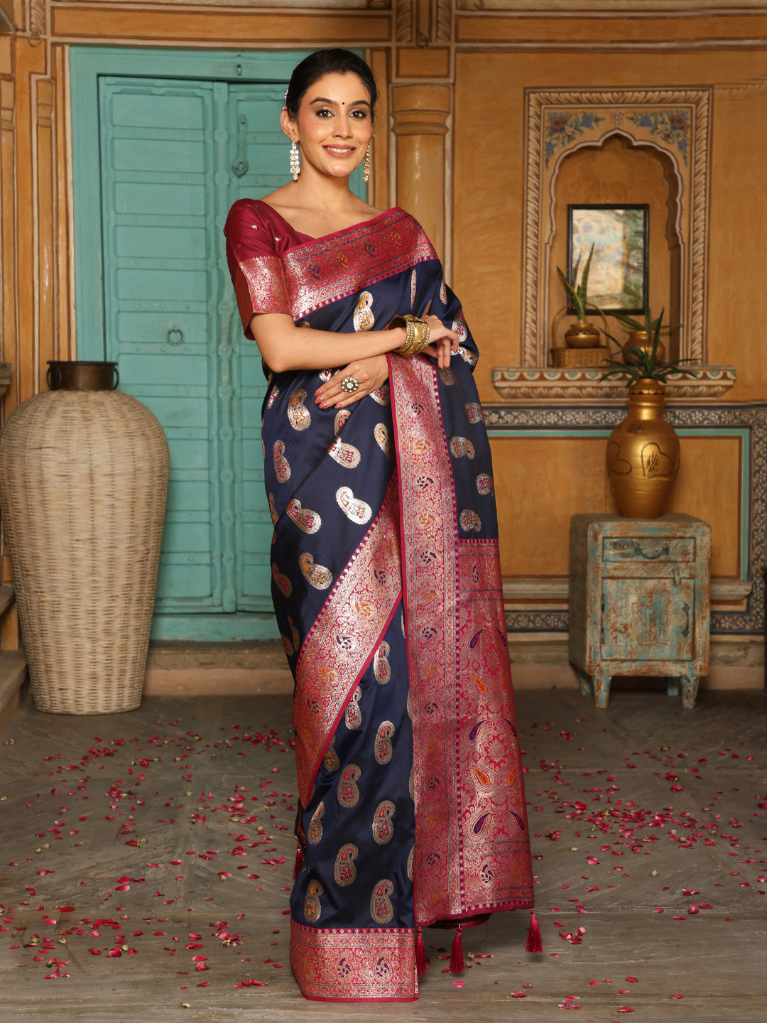 Anaita Navy Silk Woven Saree With Blouse
