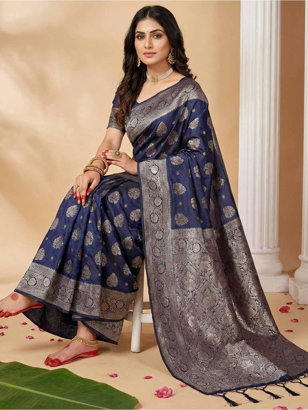 Anaita Navy Silk Blend Woven Saree With Blouse