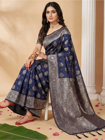 Anaita Navy Silk Blend Woven Saree With Blouse