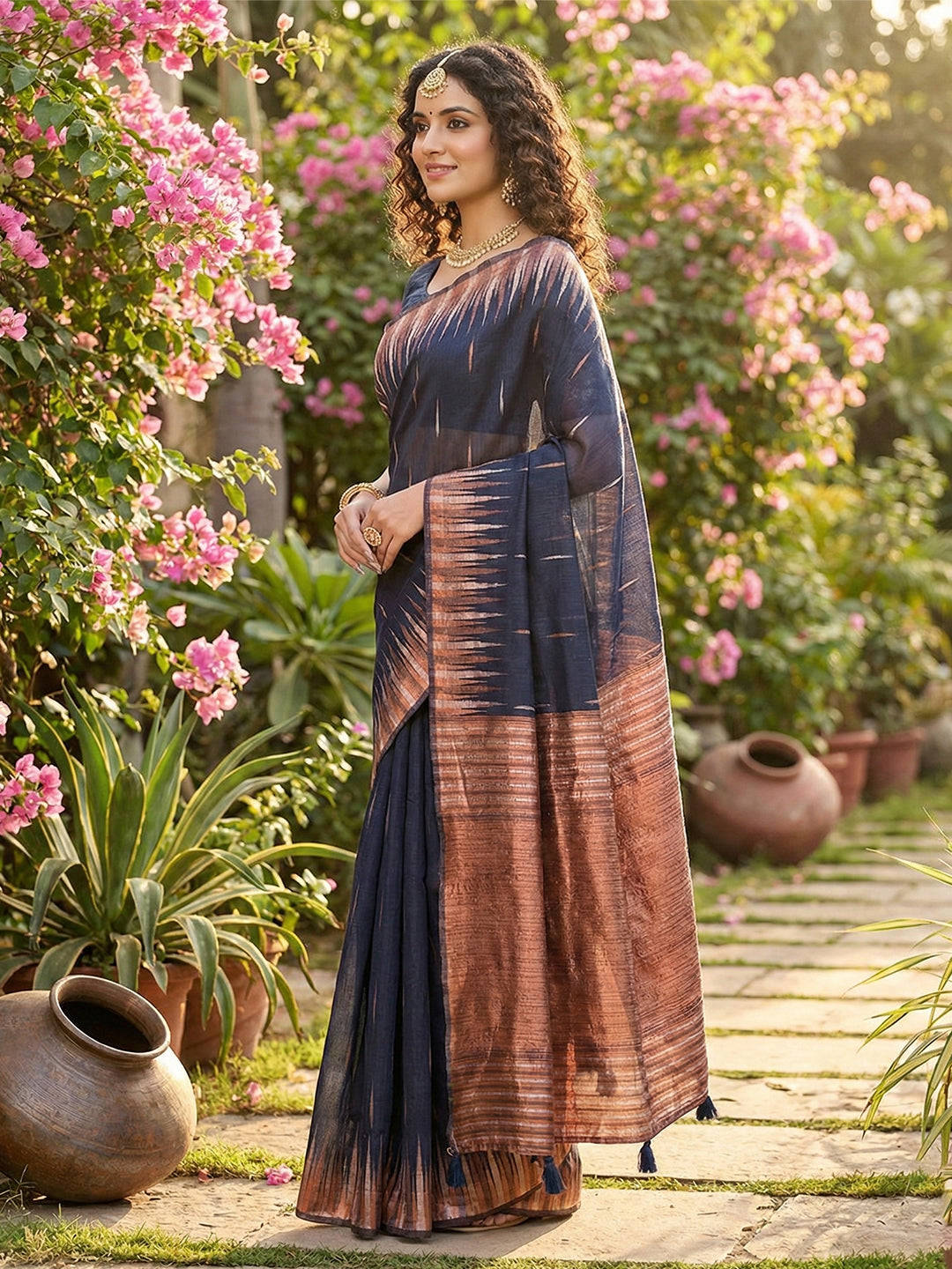 Anaita Navy Linen Woven Work Saree With Blouse