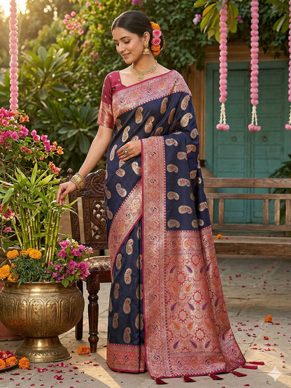 Anaita Navy Silk Blend Woven Saree With Blouse