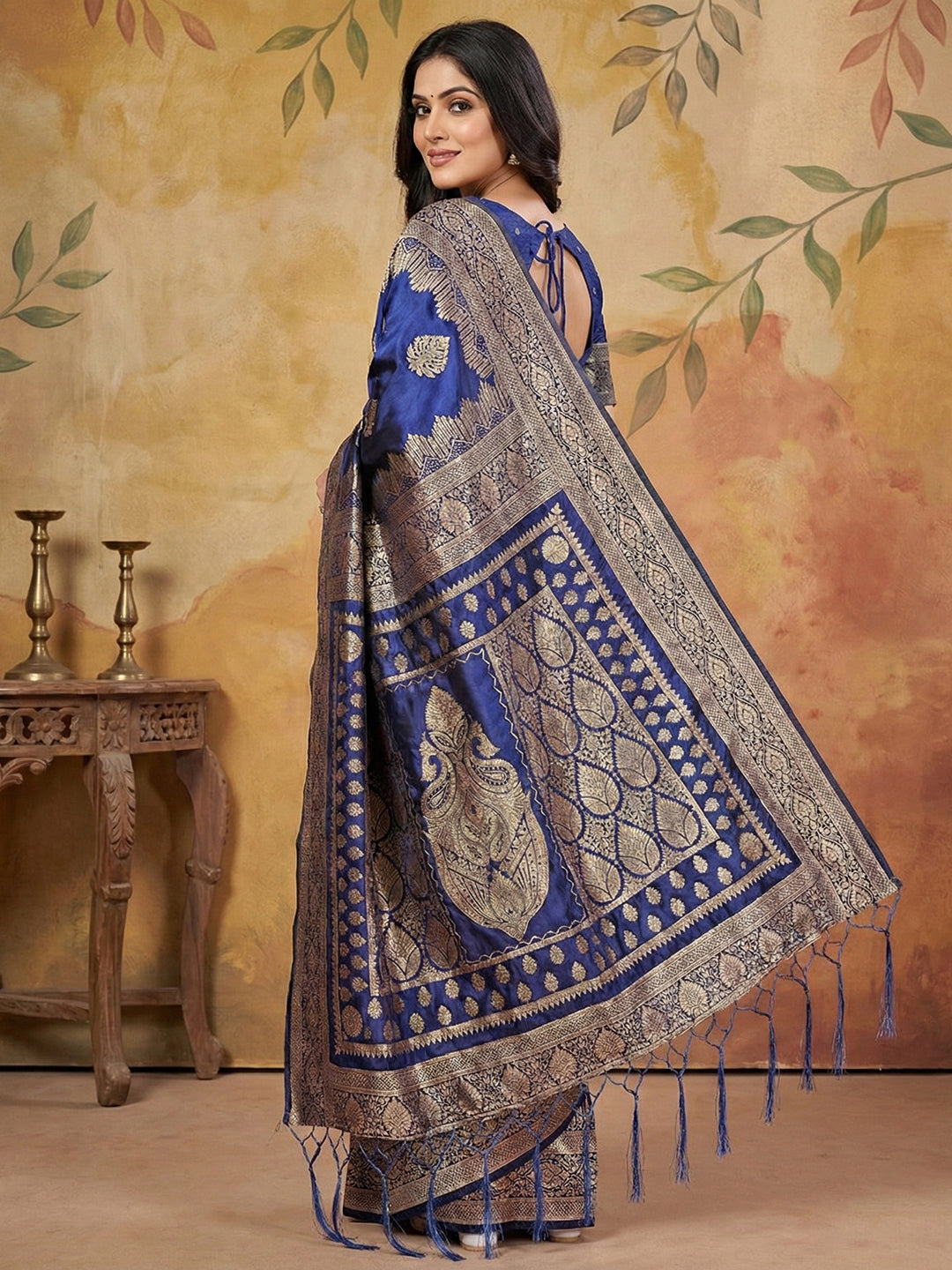 Anaita Navy Silk Blend Woven Saree With Blouse