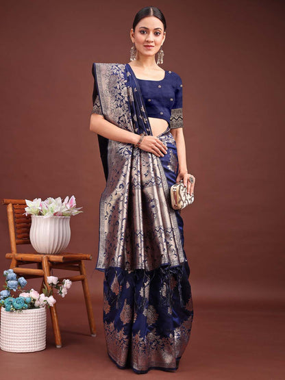 Anaita Navy Banarasi Silk Woven Work Saree With Blouse