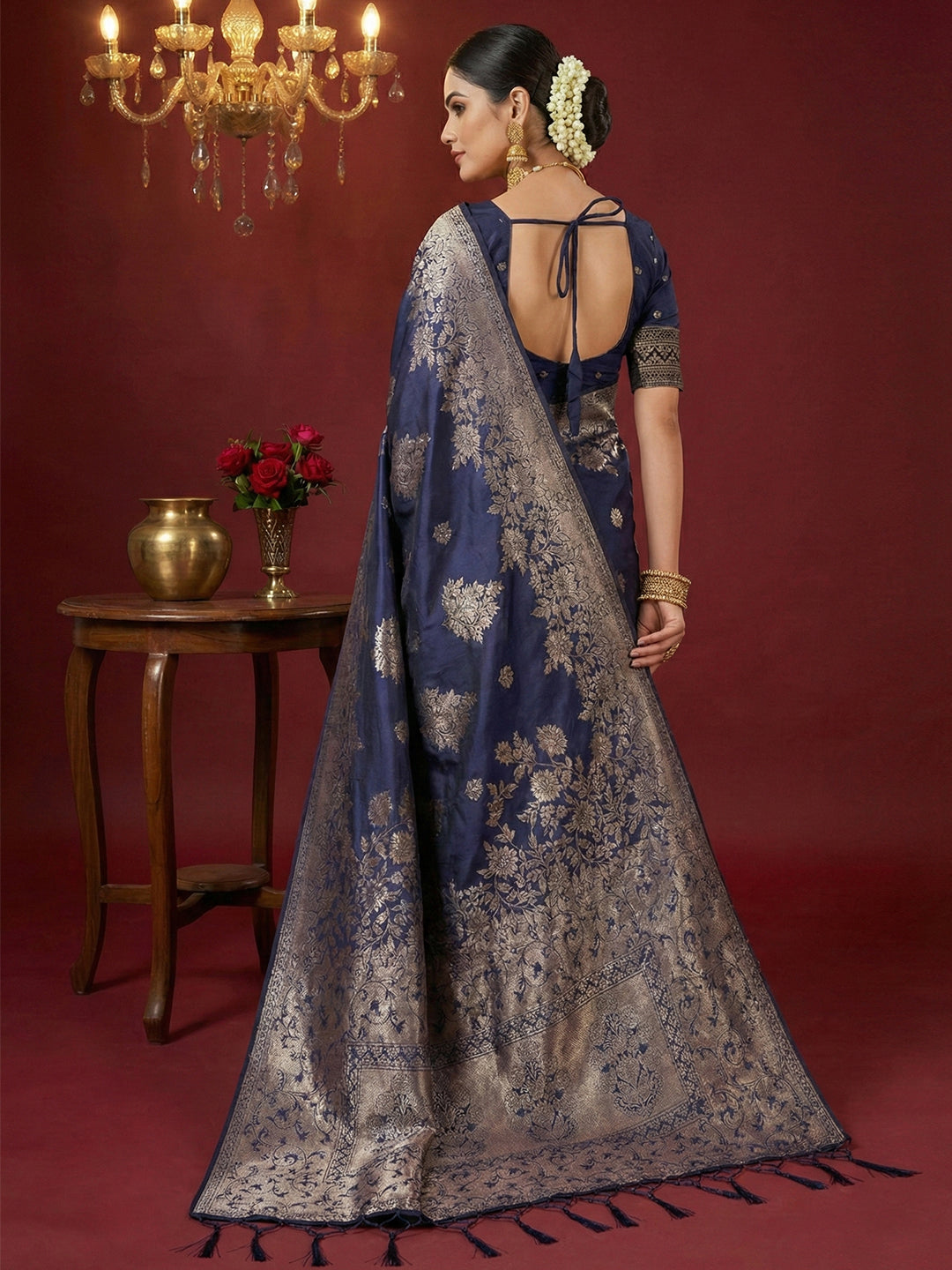 Anaita Navy Silk Blend Woven Saree With Blouse
