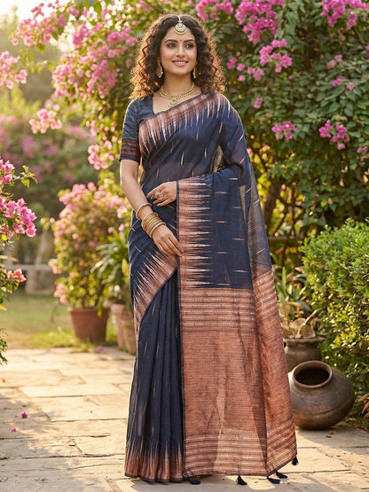 Anaita Navy Linen Woven Work Saree With Blouse