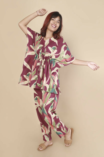 Breathables Women’S Loungewear Kaftan Cotton Wine Abstract Print Co-Ord Set