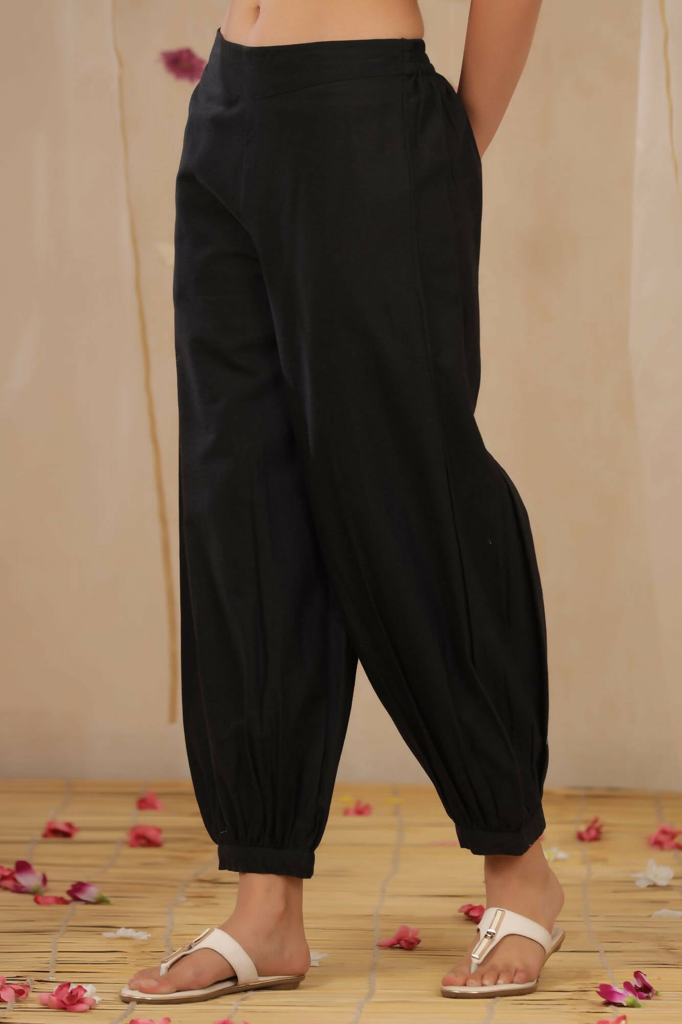 Juniper Women Black Cotton Flex Solid Stylized Dhoti Pant