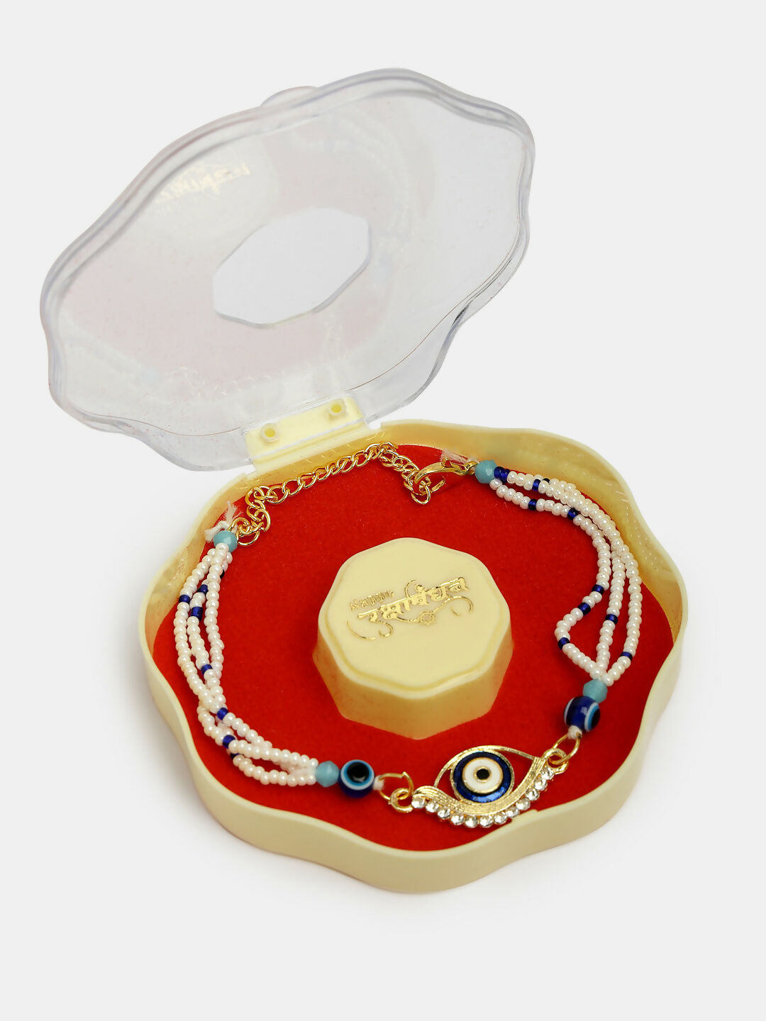 NVR Women & Men Set of 2 Blue Evil Eye Bhaiya Bhabhi Rakhi Set With Roli Chawal & Chocolate
