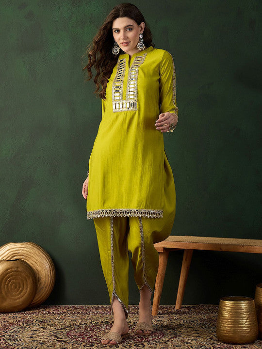Sangria Embellished Mirror Work Roman Silk Tunic With Dhoti Pant