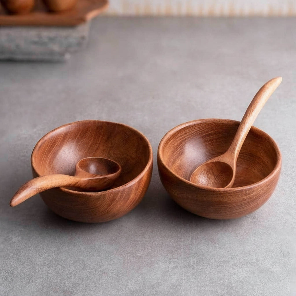 Zishta Neem Wood Soup Bowl Set of 2 Traditional Serveware
