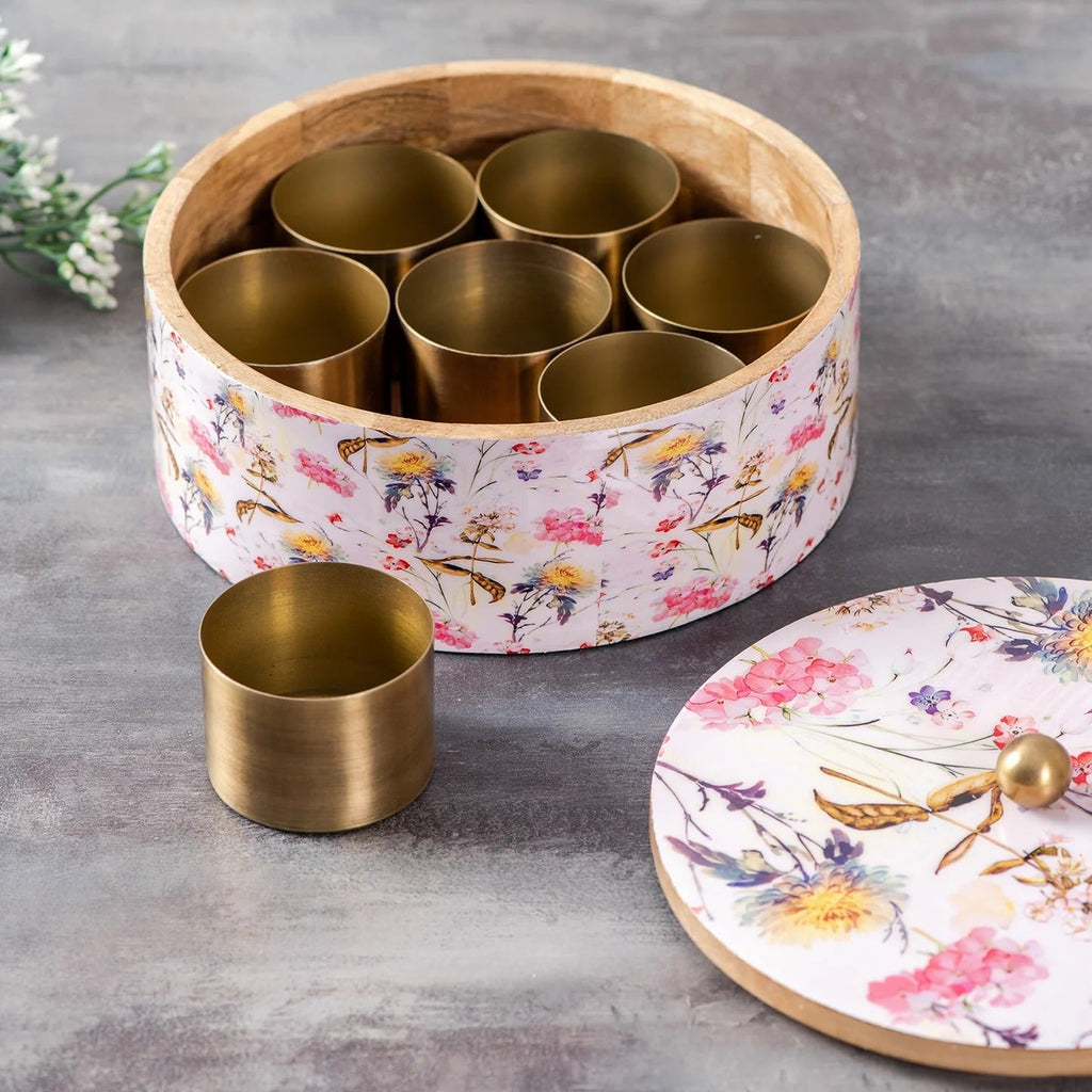 Nestroots Allure Botanic Mango Wood Masala Box Pink Printed Enamel with 7 Stainless Steel Jars