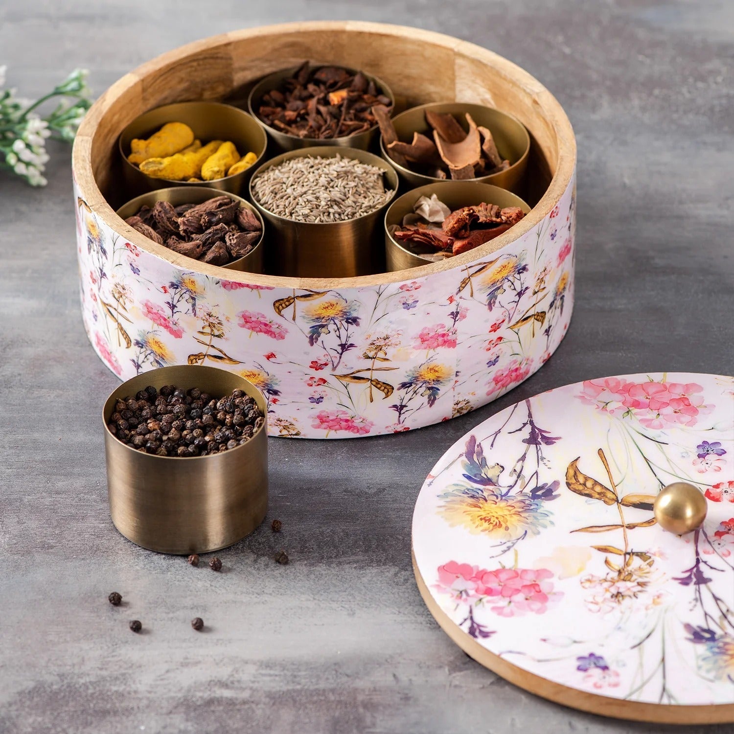 Nestroots Allure Botanic Mango Wood Masala Box Pink Printed Enamel with 7 Stainless Steel Jars