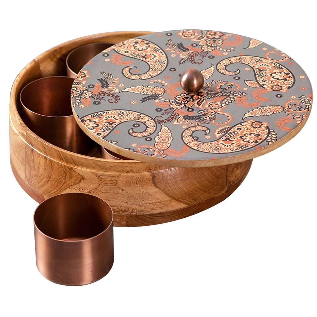 Nestroots Allure Mango Wood Masala Box Grey Enamel Print with 7 Stainless Steel Jars