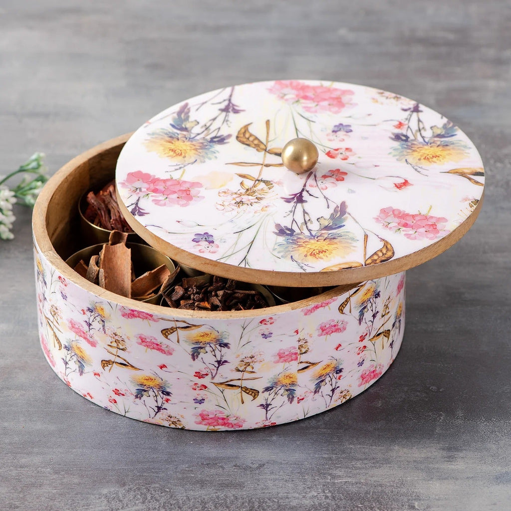 Nestroots Allure Botanic Mango Wood Masala Box Pink Printed Enamel with 7 Stainless Steel Jars