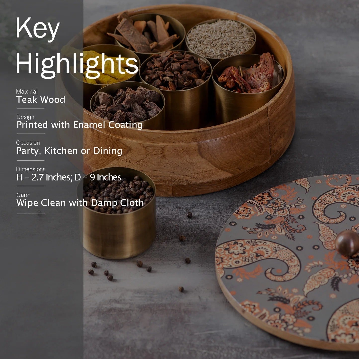Nestroots Allure Mango Wood Masala Box Grey Enamel Print with 7 Stainless Steel Jars