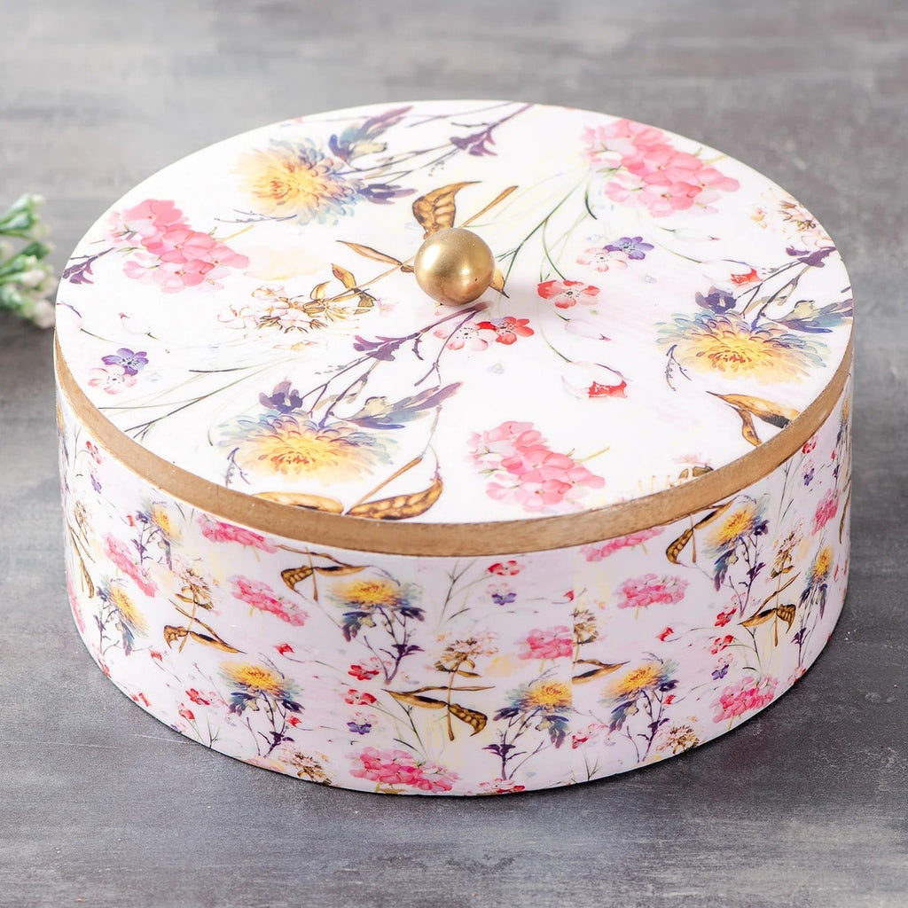 Nestroots Allure Botanic Mango Wood Masala Box Pink Printed Enamel with 7 Stainless Steel Jars