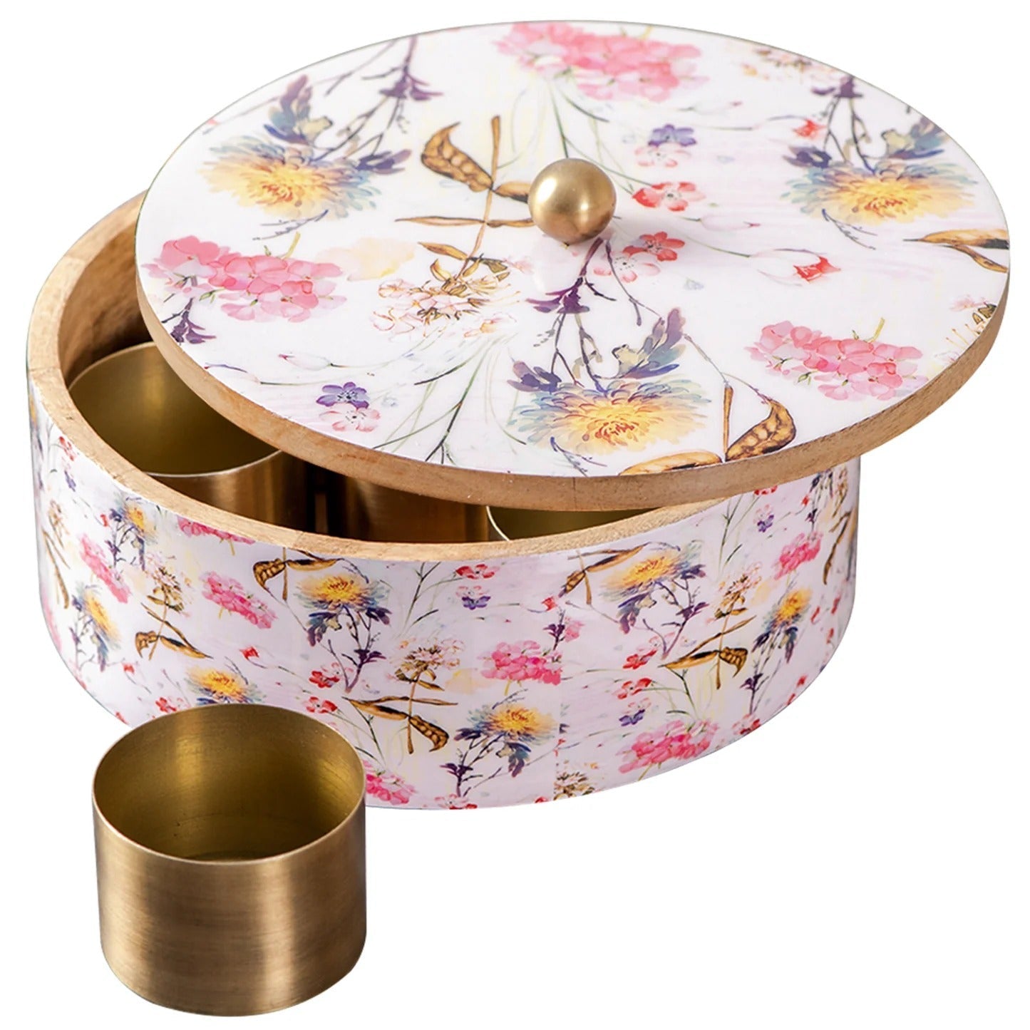Nestroots Allure Botanic Mango Wood Masala Box Pink Printed Enamel with 7 Stainless Steel Jars
