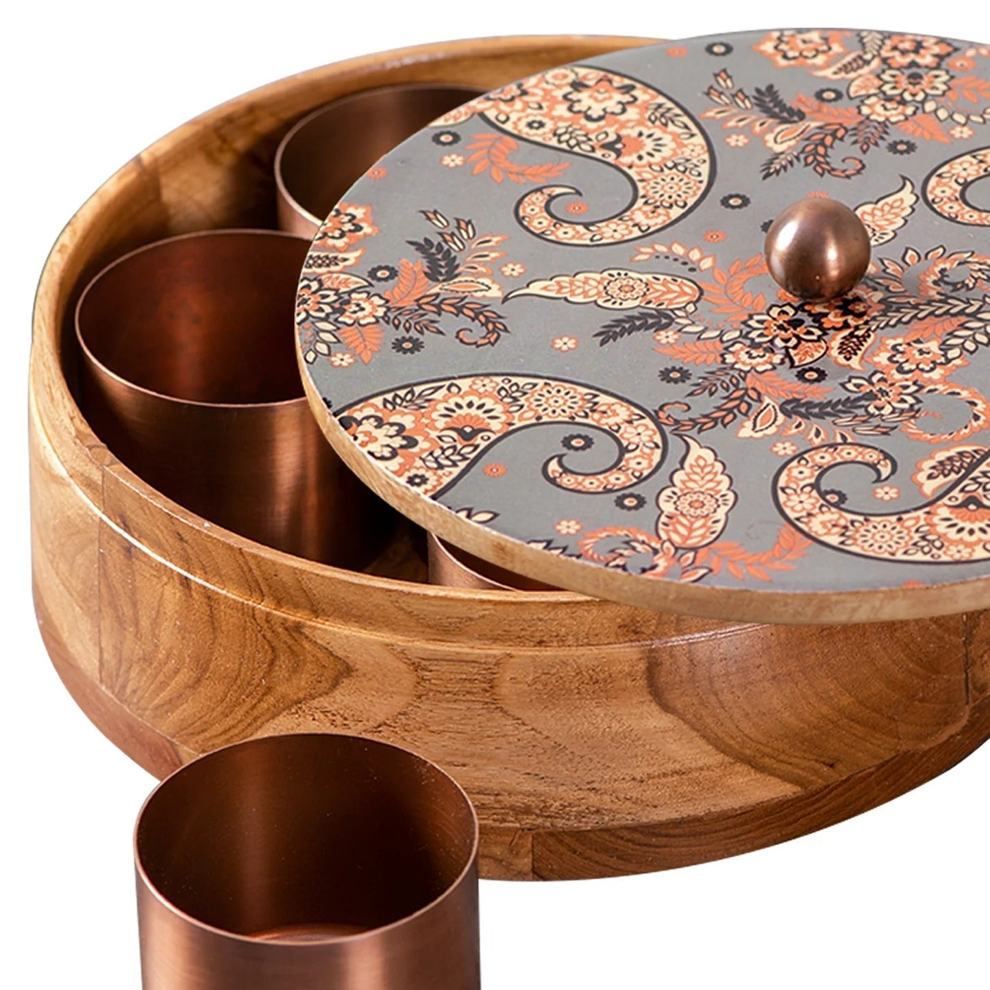 Nestroots Allure Mango Wood Masala Box Grey Enamel Print with 7 Stainless Steel Jars