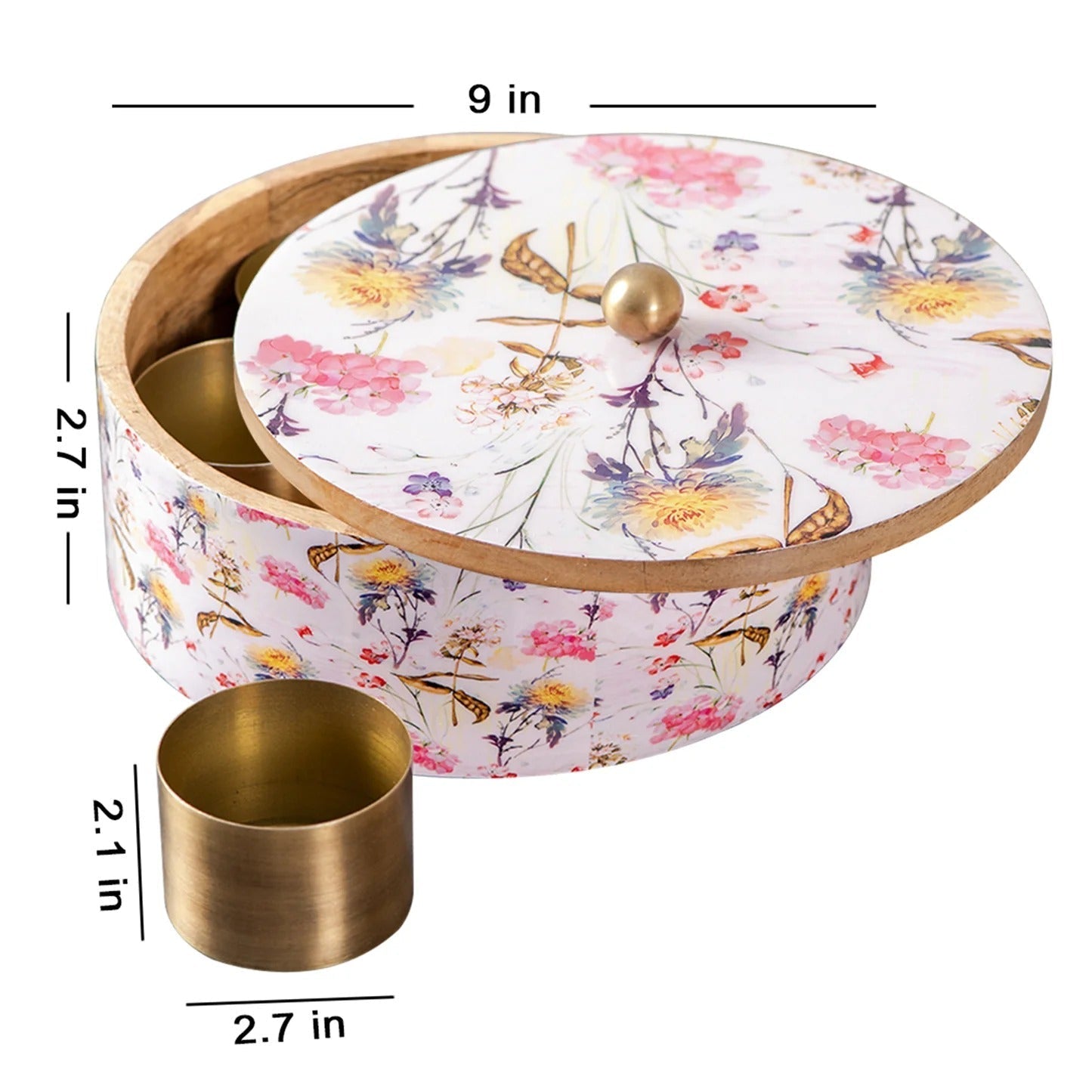 Nestroots Allure Botanic Mango Wood Masala Box Pink Printed Enamel with 7 Stainless Steel Jars