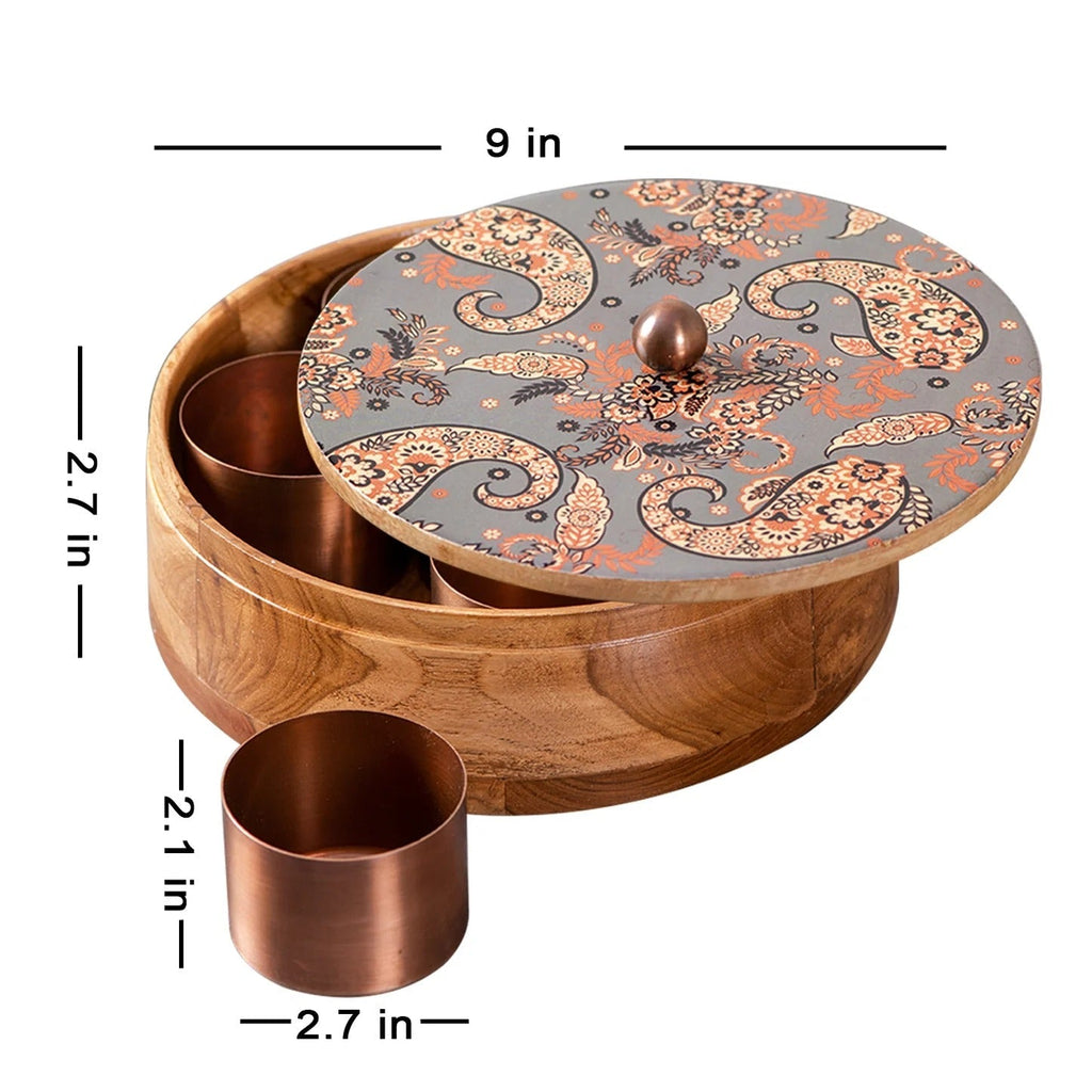 Nestroots Allure Mango Wood Masala Box Grey Enamel Print with 7 Stainless Steel Jars