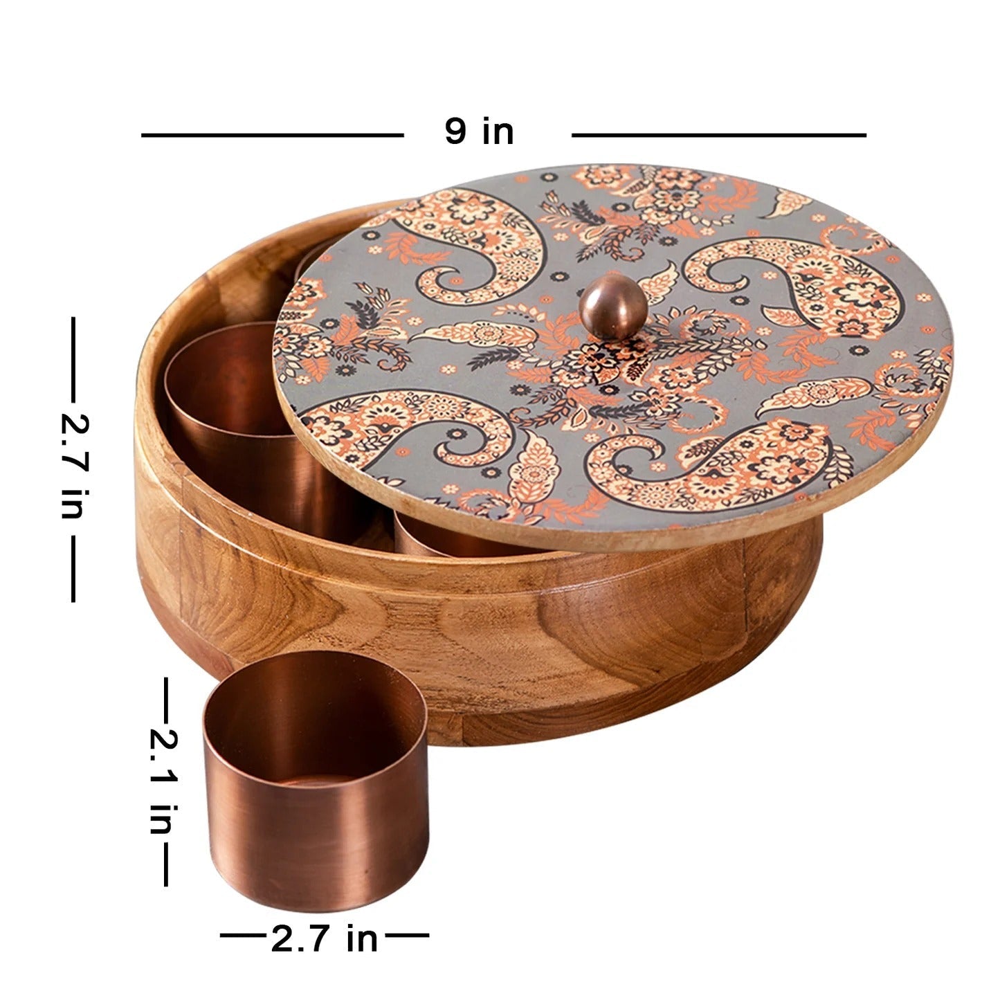 Nestroots Allure Mango Wood Masala Box Grey Enamel Print with 7 Stainless Steel Jars