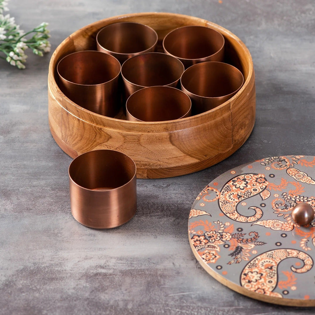 Nestroots Allure Mango Wood Masala Box Grey Enamel Print with 7 Stainless Steel Jars