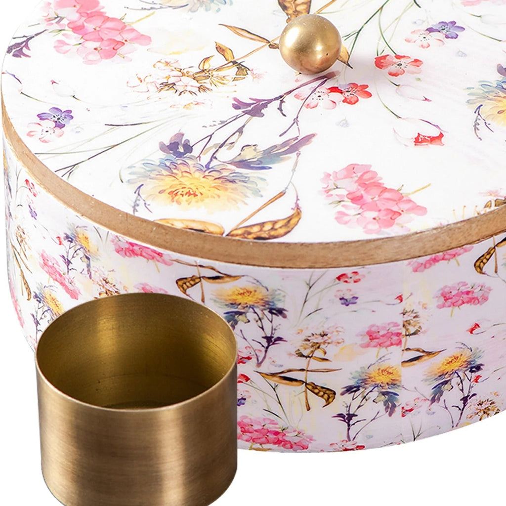 Nestroots Allure Botanic Mango Wood Masala Box Pink Printed Enamel with 7 Stainless Steel Jars