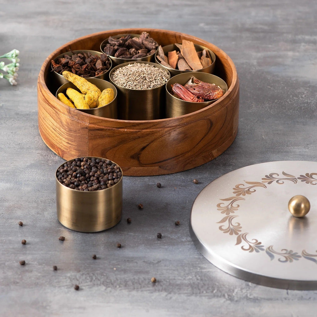 Nestroots Inscribe Acacia Wood Masala Box Silver Laser Design