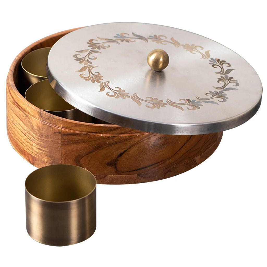 Nestroots Inscribe Acacia Wood Masala Box Silver Laser Design