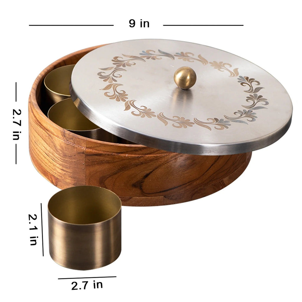 Nestroots Inscribe Acacia Wood Masala Box Silver Laser Design