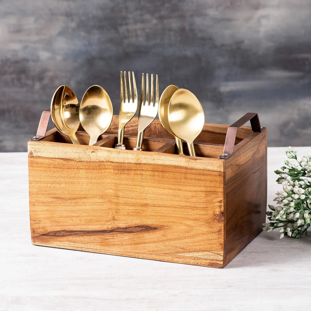 Nestroots Inseparables Teak Wood Cutlery Holder Copper Handle Spoon Stand