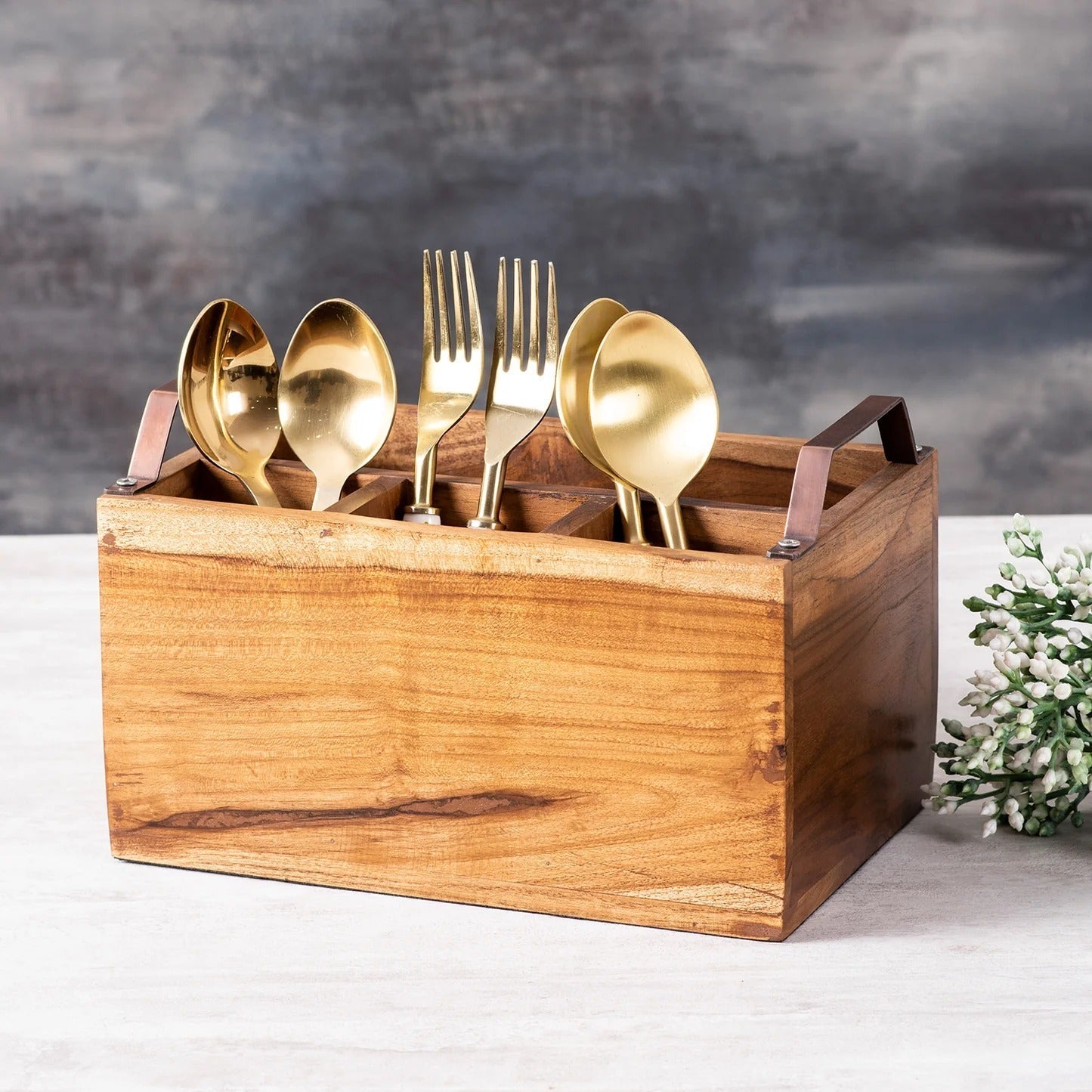 Nestroots Inseparables Teak Wood Cutlery Holder Copper Handle Spoon Stand