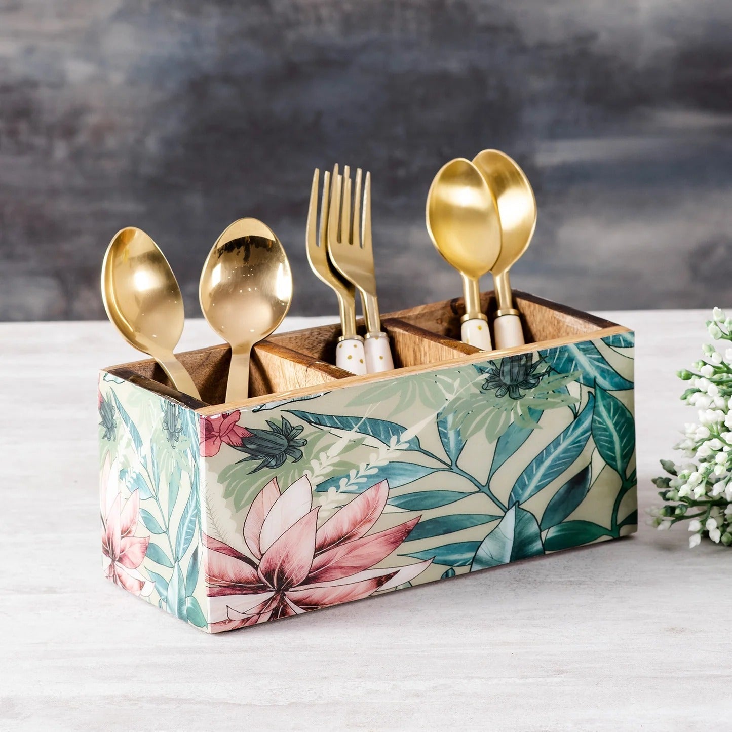 Nestroots Enamel MDF Cutlery Holder Printed Design Small