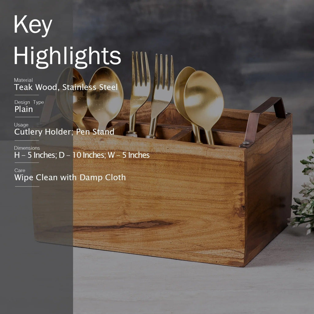 Nestroots Inseparables Teak Wood Cutlery Holder Copper Handle Spoon Stand