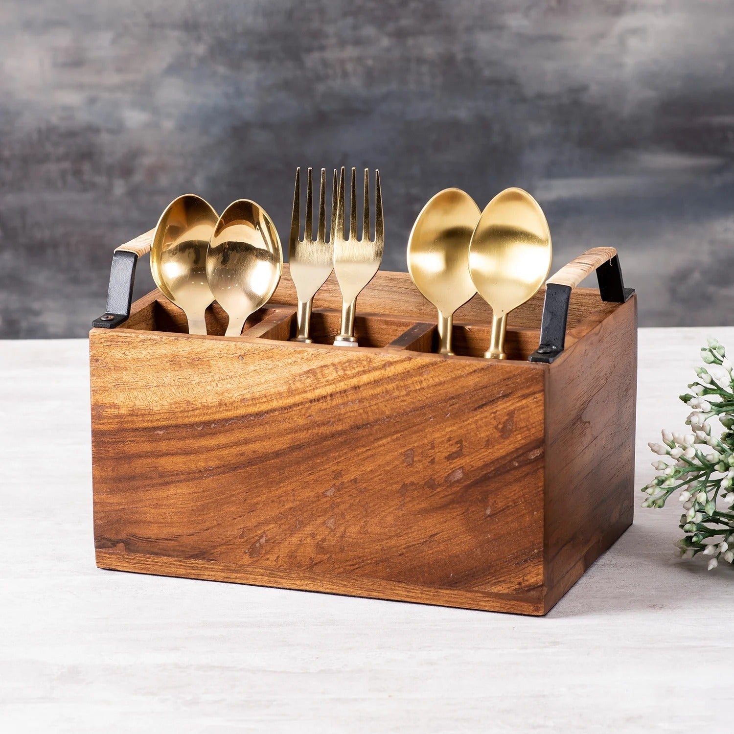 Nestroots Inseparables Teak Wood Spoon Stand with Cane Full Size