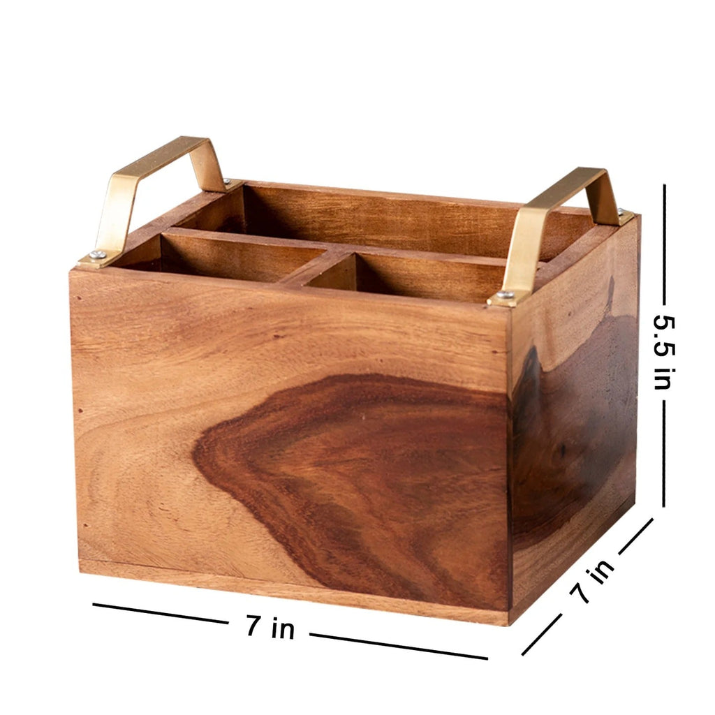 Nestroots Inseparables Teak Wood Cutlery Holder Small Gold Handle Mini Me
