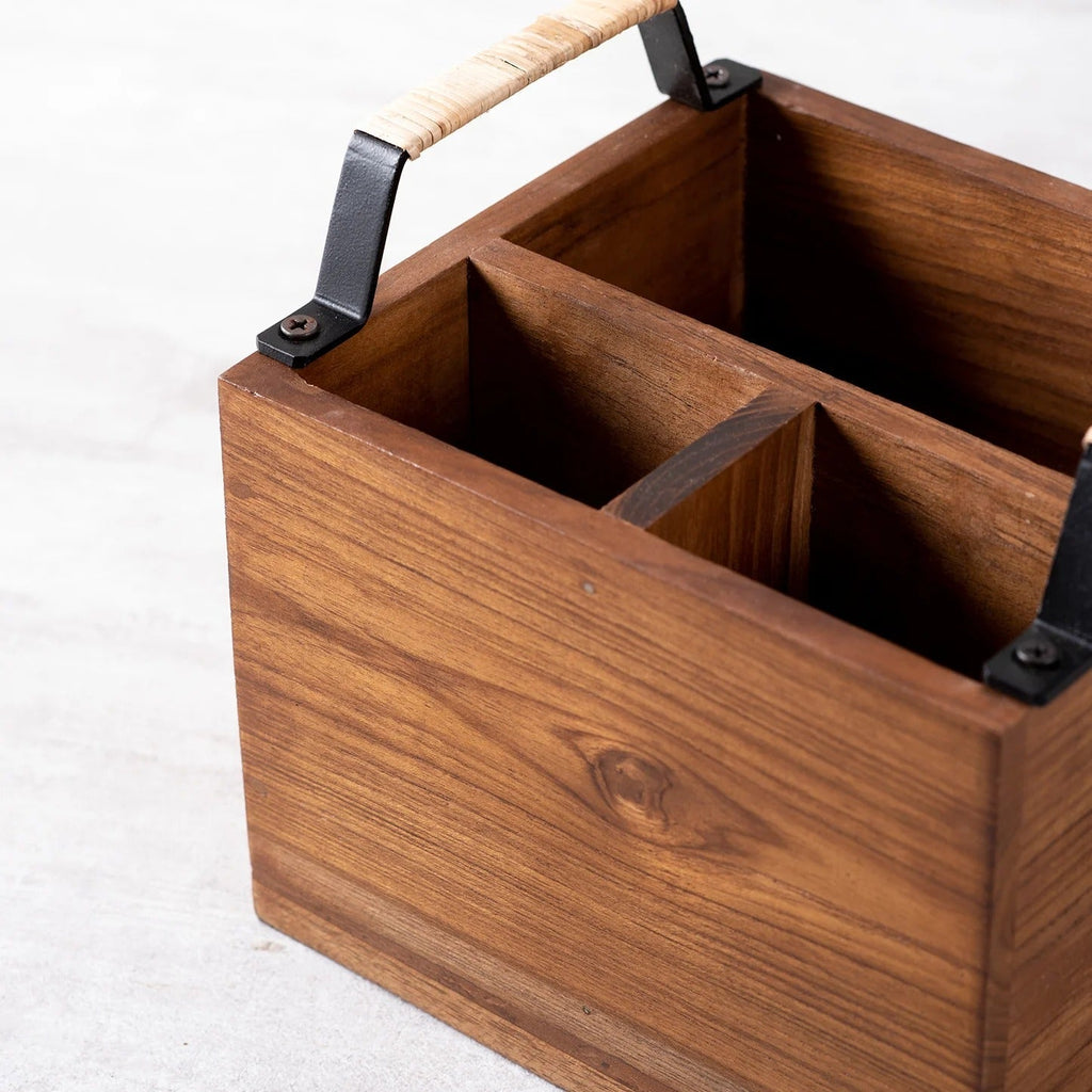 Nestroots Inseparables Teak Wood Cutlery Holder Small Black with Cane Mini Me