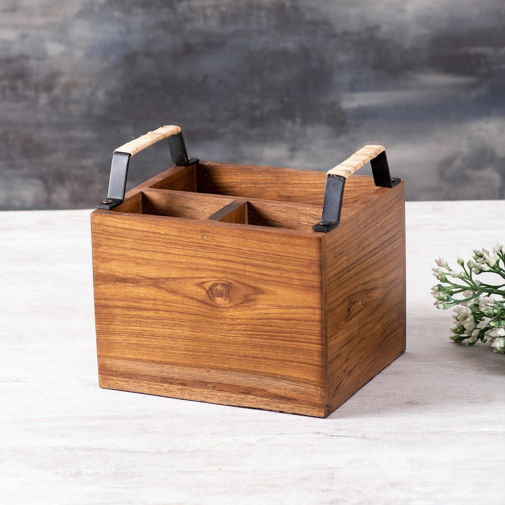 Nestroots Inseparables Teak Wood Cutlery Holder Small Black with Cane Mini Me