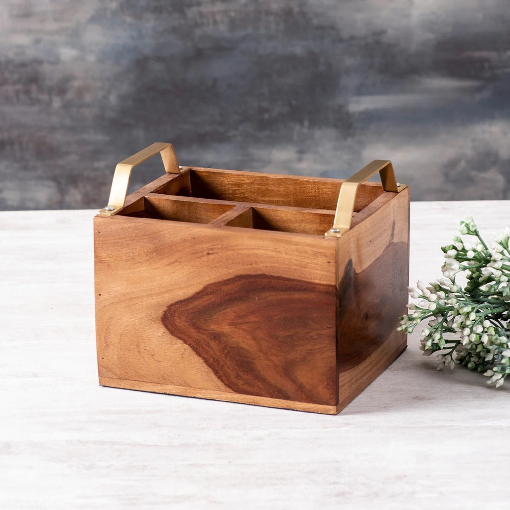 Nestroots Inseparables Teak Wood Cutlery Holder Small Gold Handle Mini Me