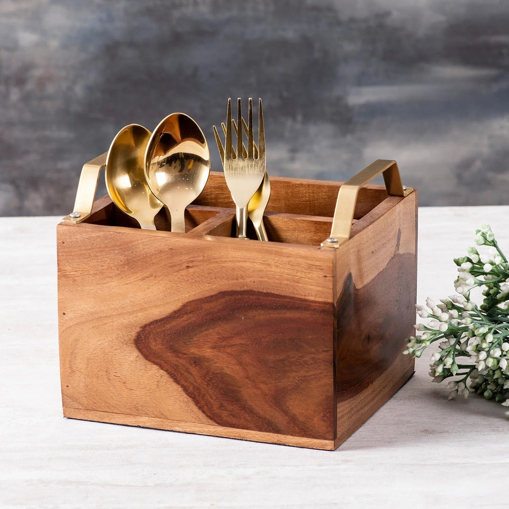 Nestroots Inseparables Teak Wood Cutlery Holder Small Gold Handle Mini Me