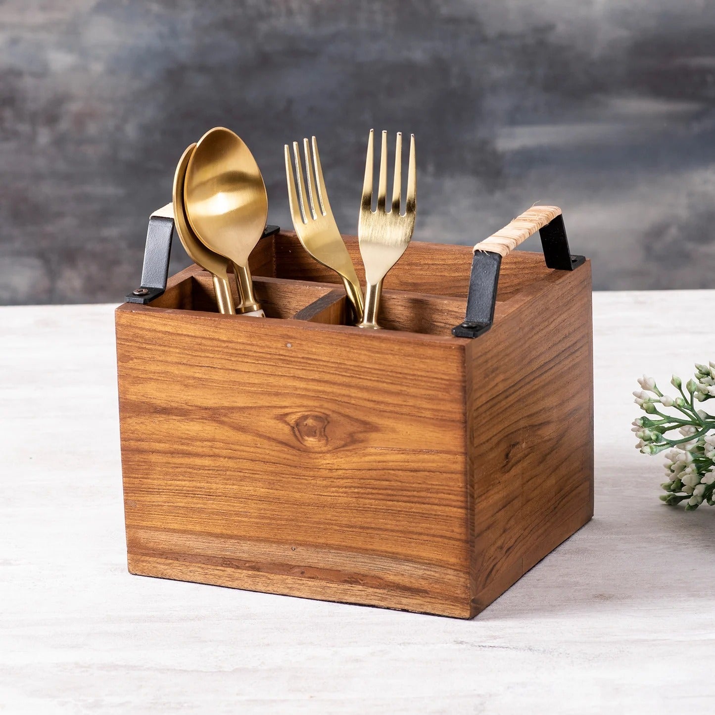 Nestroots Wooden Spoon Fork Holder Traditional Teak Wood Caddy