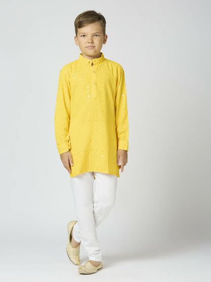 Joban Fashion Kids Island Full Sleeves Cotton Kurta and Pyjama Set with Sequin work - Yellow