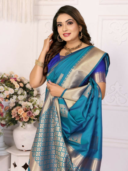 Anaita Blue Soft Silk With Zari Weaving Borders Saree With Blouse