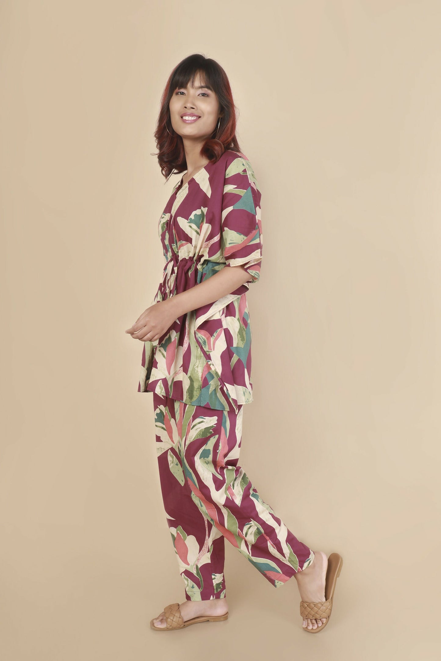 Breathables Women’S Loungewear Kaftan Cotton Wine Abstract Print Co-Ord Set