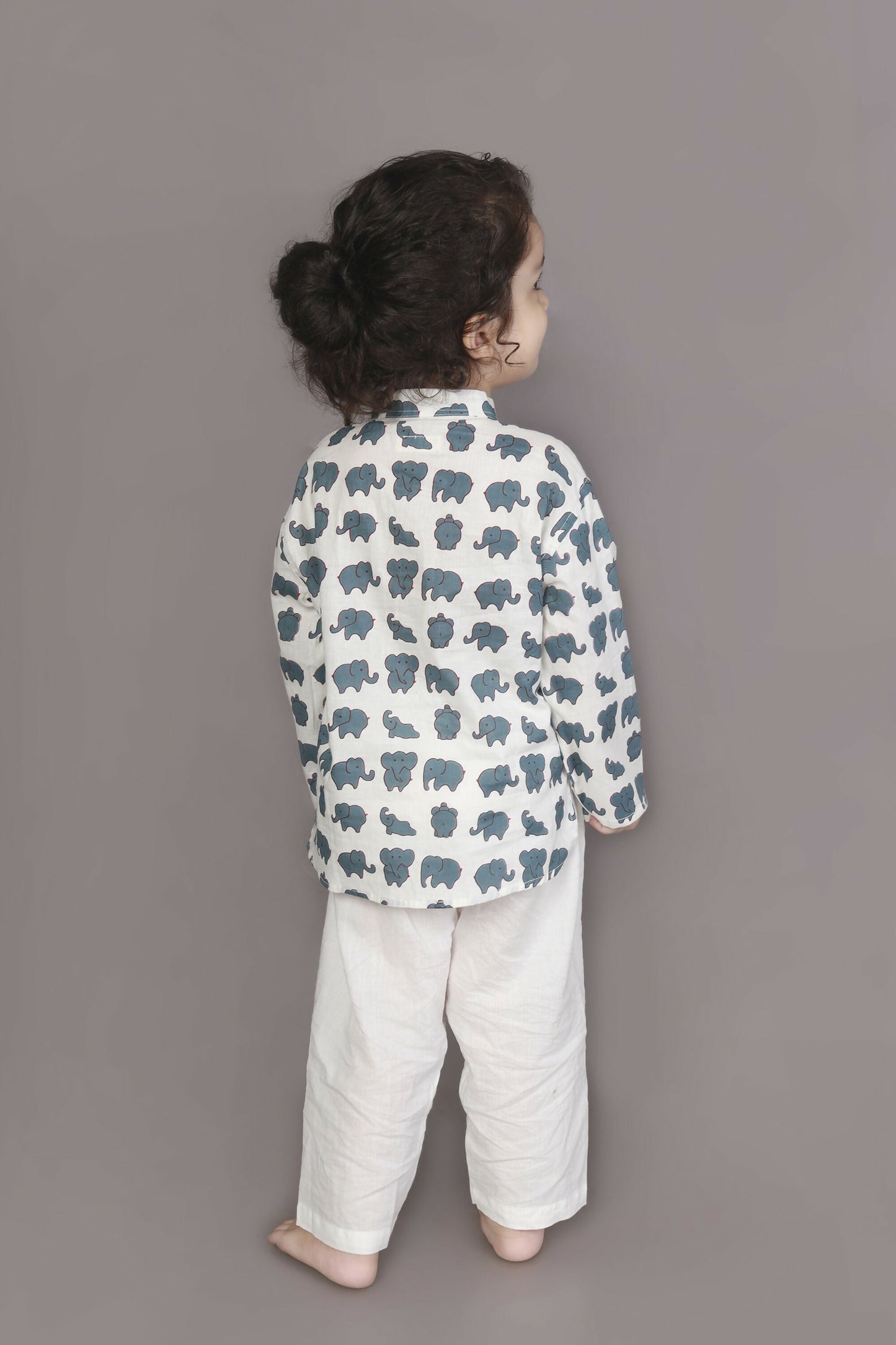 Breathables Kids Cotton Night Suit – White Elephant Print Kurta & Pyjama Co-Ord Set For Boys & Girls