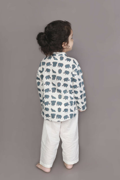 Breathables Kids Cotton Night Suit – White Elephant Print Kurta & Pyjama Co-Ord Set For Boys & Girls