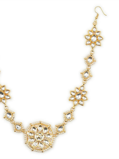 Gold-Polished White Kundan-Studded Pearl Beaded Hair Band - Ruby Raang
