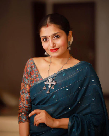 Blue Pure Linen Ethnic Motifs Saree with Unstitched Blouse - A2M